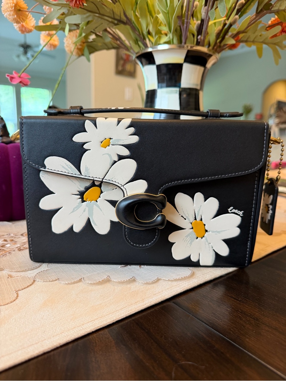 Coach Black Leather Crossbody with White Daisy Appliqués